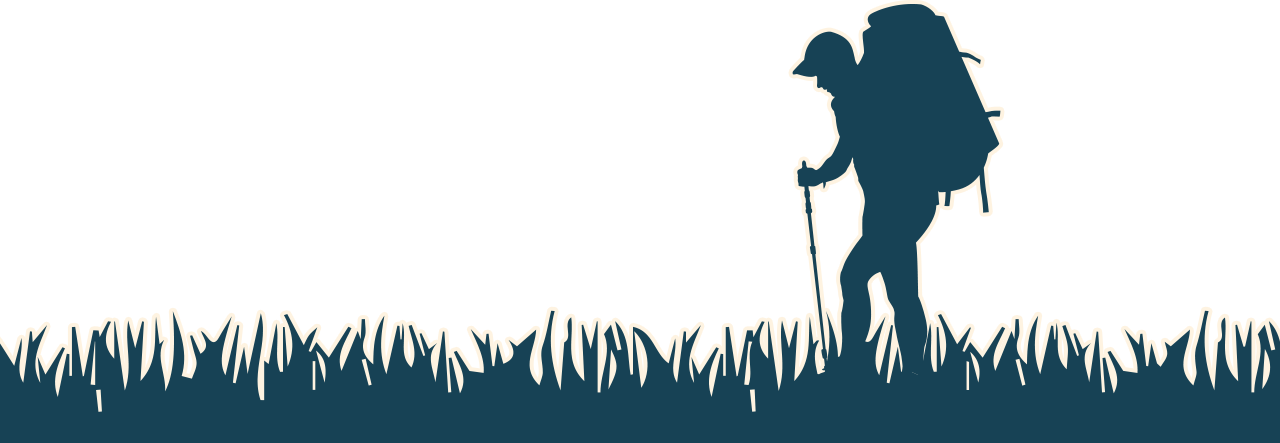 A graphic of a man hiking through brush.