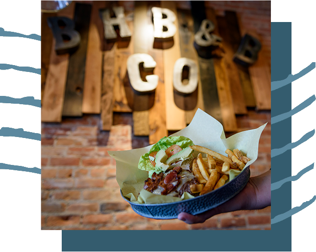 Burger and fries at BHB&B Co. restaurant.