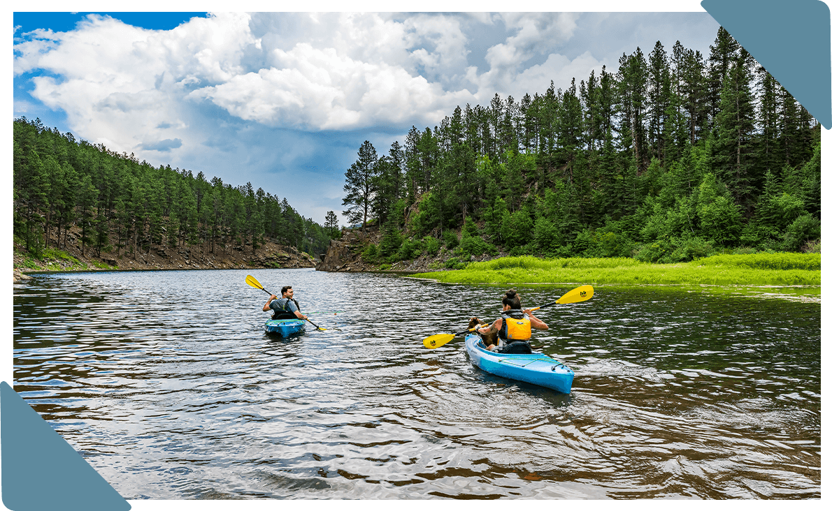 Two people kayaking on a river surrounded by lush green landscape of tall trees.