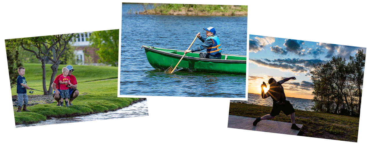 Three photos of outdoor fun: a father and sons fishing on a river bank; a boy canoeing; silhouette of a man throwing a ball with a sunset in the distance.