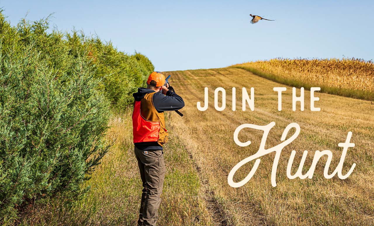 A man out pheasant hunting. A headline reads: Join the Hunt.