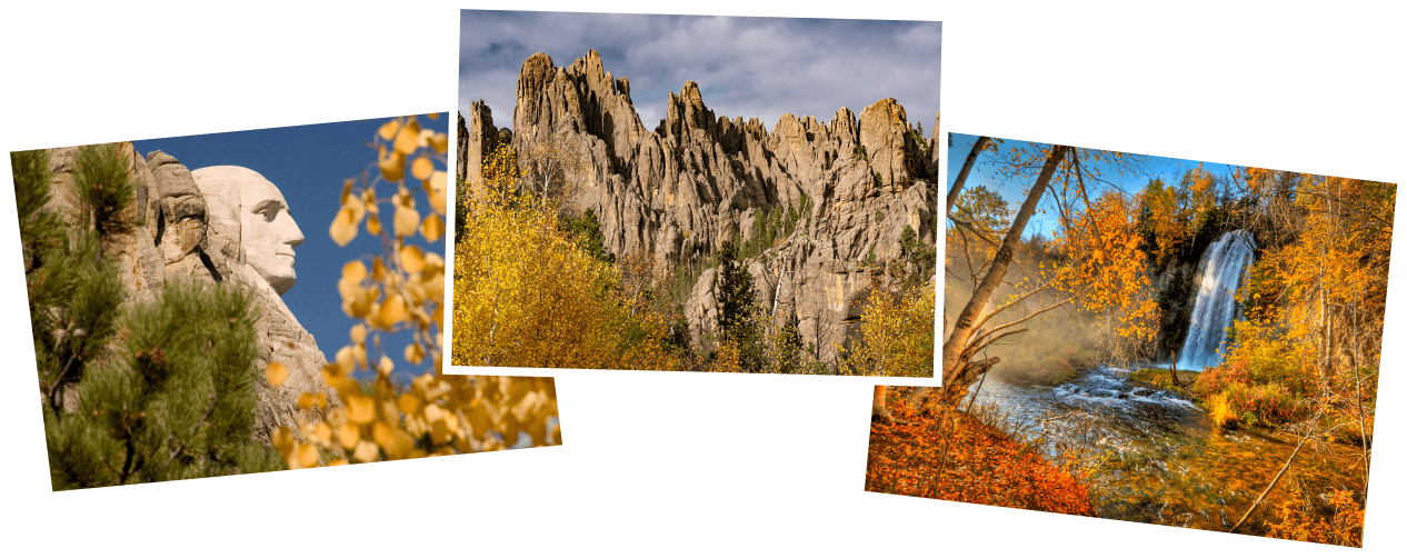 Three photos of South Dakota during Fall: Mount Rushmore, The Needles of Black Hills and Spearfish Falls.