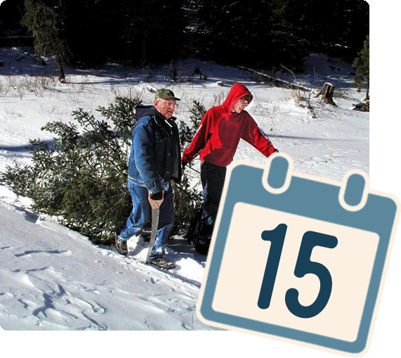 A father and son carry a freshly-felled tree.