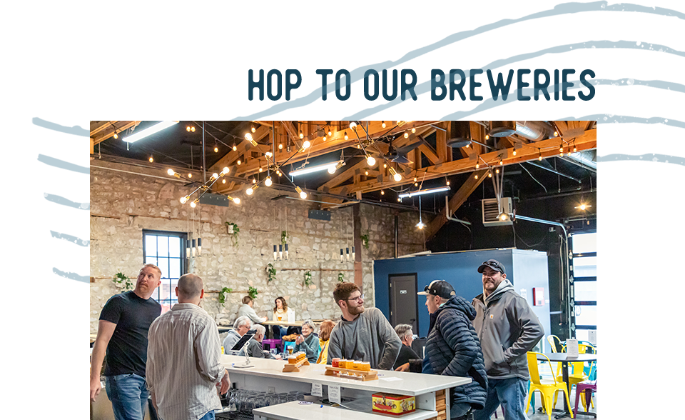 People socialize in a brewery taproom enjoying craft beer. A headline reads: Hop to our Breweries.
