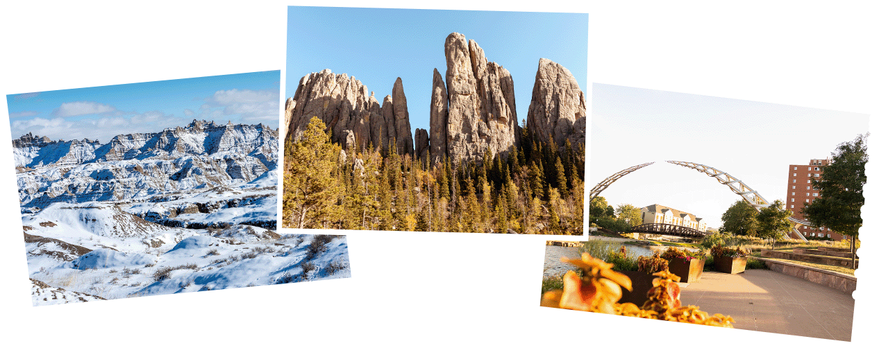 A collage of photos showing the different seasons of South Dakota.