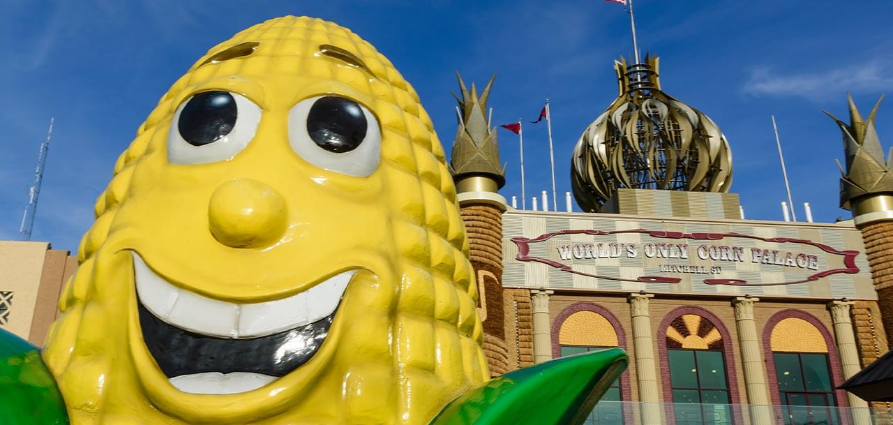 The Corn Kid sculpture outside the Worlds Only Corn Palace.