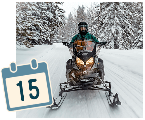 A person driving a snowmobile on a trail through snow covered pines.