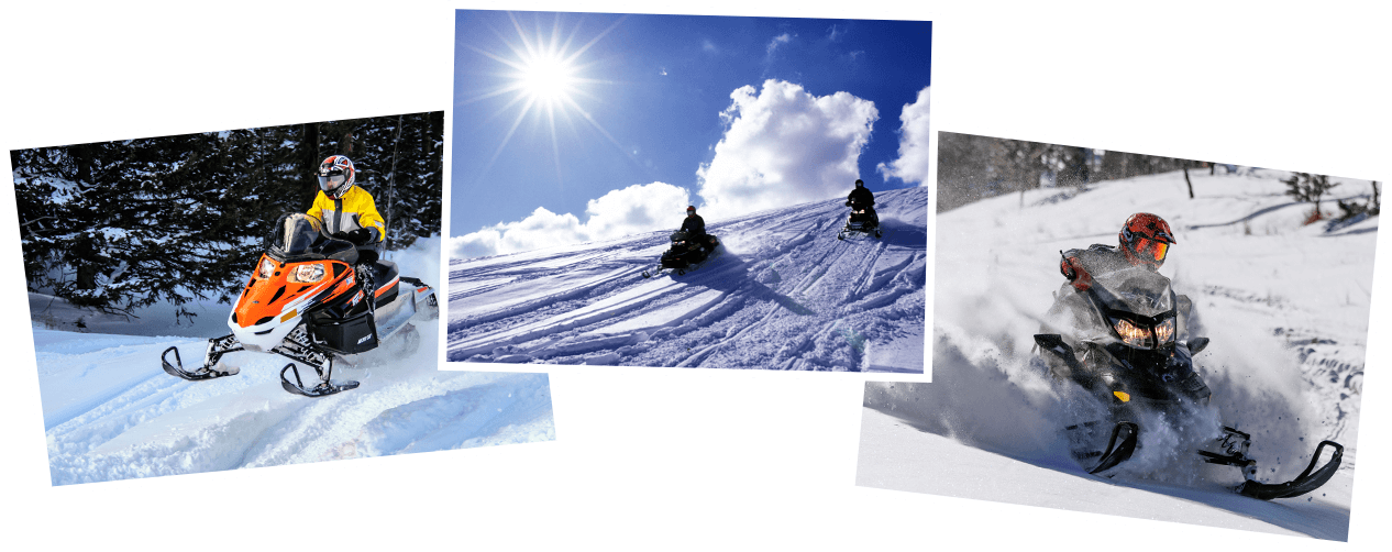 A collage of photos showing people riding snowmobiles down snow-packed slopes.
