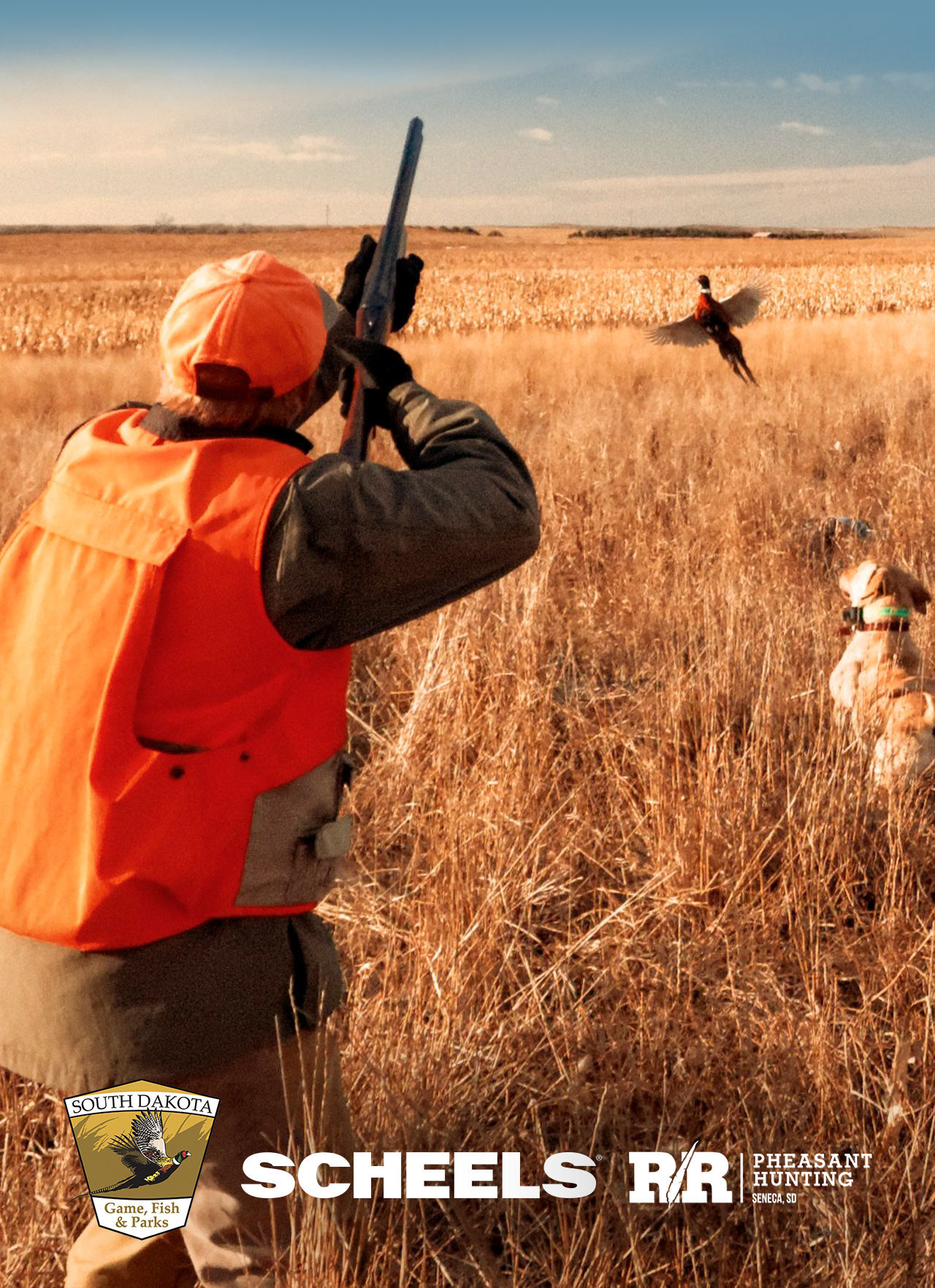 A man with his dog in a field aims his shotgun at a pheasant. Logos for South Dakota Game, Fish & Parks, Scheels and RR Pheasant Hunting line the bottom of the image.