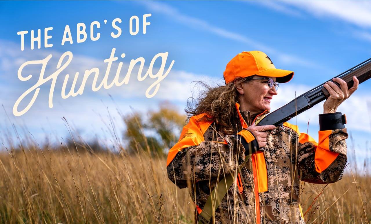A woman out pheasant hunting. A headline reads: The ABCs of Hunting.